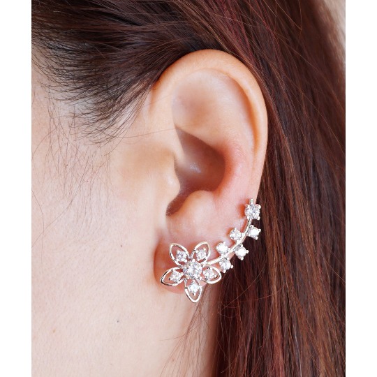 Flower Ear Climber Floral Ear Crawler Gold and Silver Flower Ear Crawlers Flower Ear Pins Crystal Ear Wraps Ear Cuffs Image 2