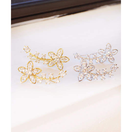 Flower Ear Climber Floral Ear Crawler Gold and Silver Flower Ear Crawlers Flower Ear Pins Crystal Ear Wraps Ear Cuffs Image 3