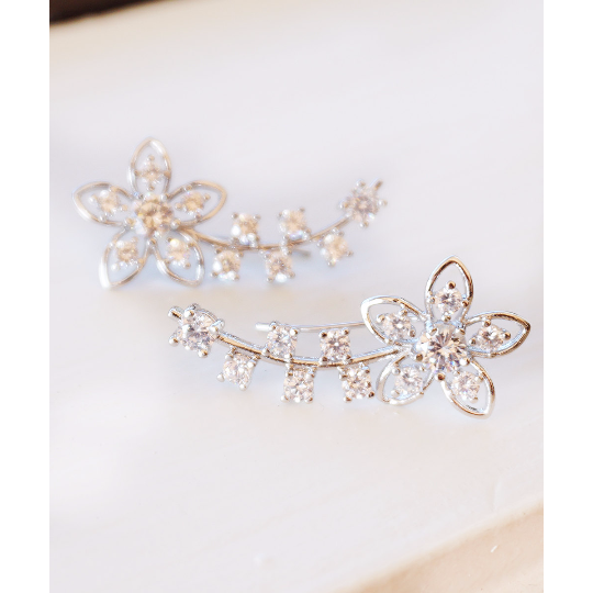 Flower Ear Climber Floral Ear Crawler Gold and Silver Flower Ear Crawlers Flower Ear Pins Crystal Ear Wraps Ear Cuffs Image 4