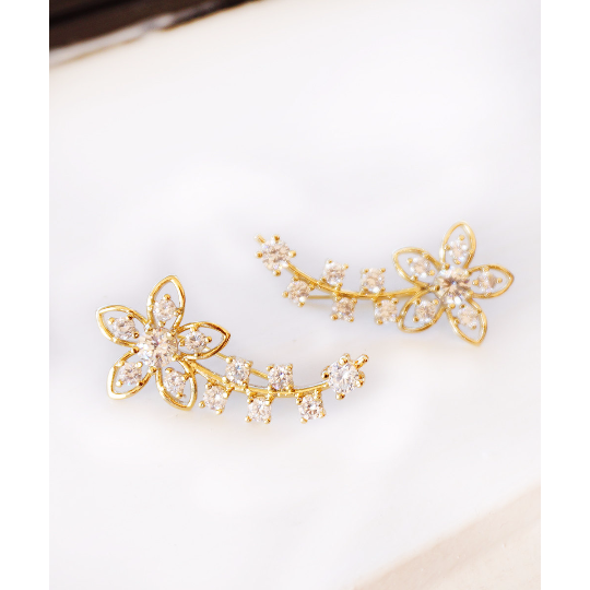 Flower Ear Climber Floral Ear Crawler Gold and Silver Flower Ear Crawlers Flower Ear Pins Crystal Ear Wraps Ear Cuffs Image 4