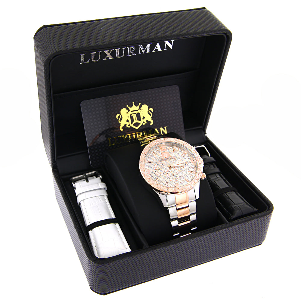 Luxurman Mens Diamond Watch Two-Tone White Rose Gold Plated Liberty with Swiss Movement Plus 2 Leather Straps Image 4