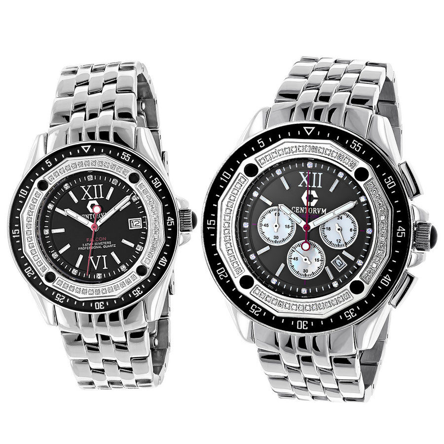 Matching His and Hers Watches: Centorum Chronograph Diamond Watch Set 1.05ct Black Image 1