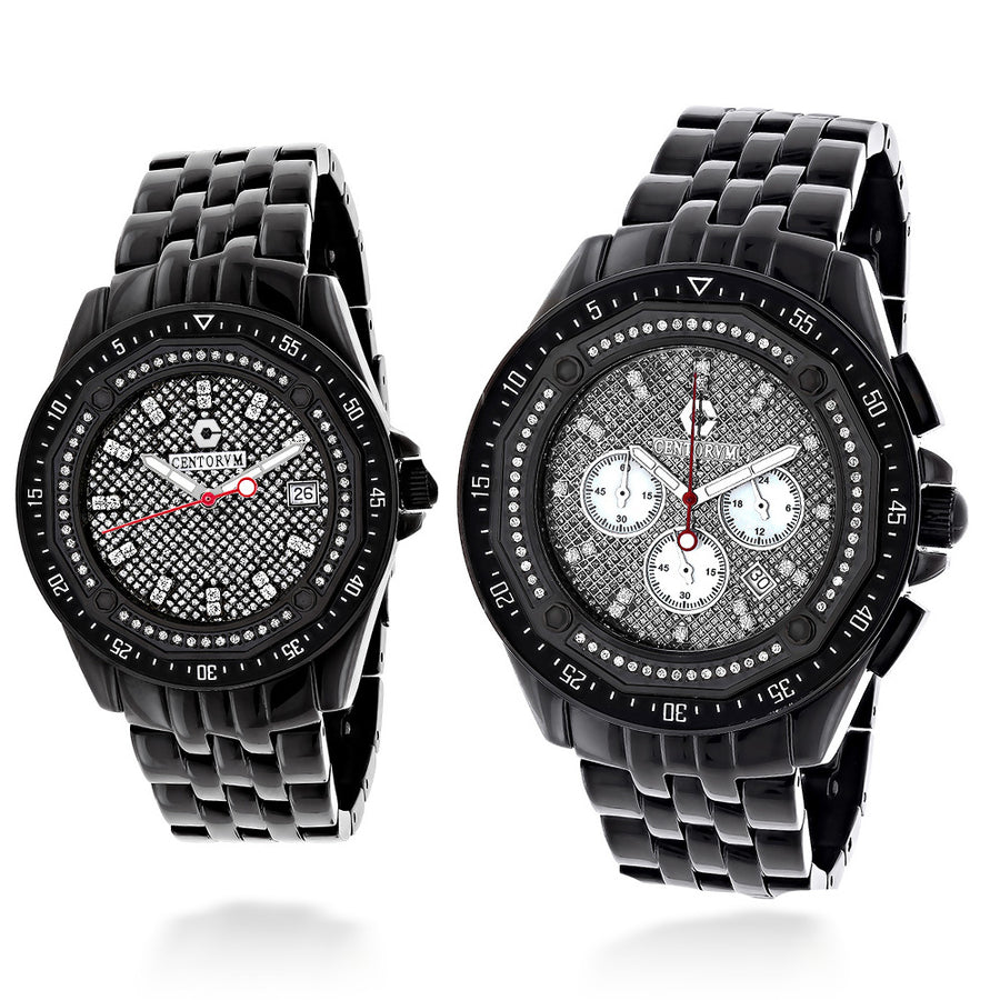 His and Hers Matching Watches: Centorum Chronograph Diamond Watch Set 1.05ct Black Image 1