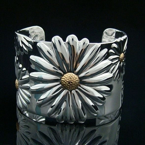 Silver Bangle Flowers Daisy Bracelet Cuff Image 2