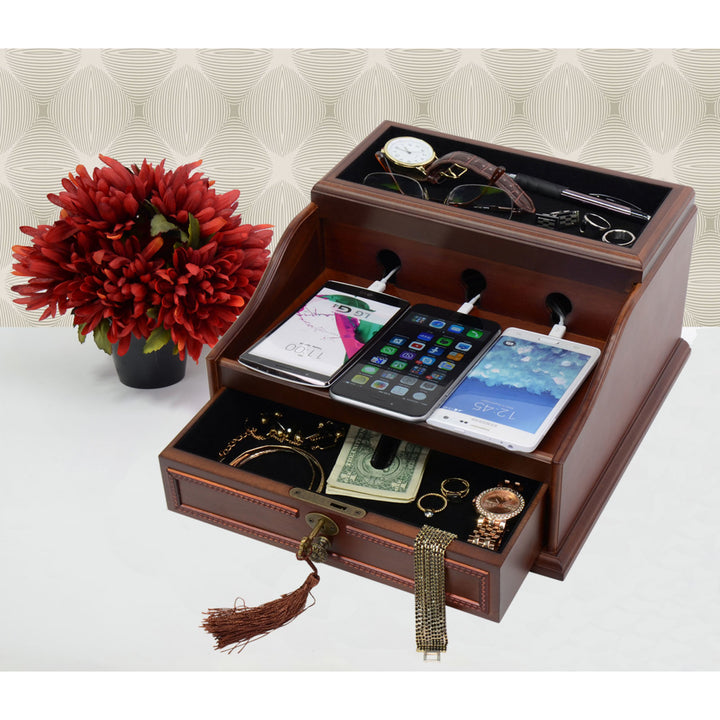 Charging Station Mahogany Wood Finish for iPhone Samsung Galaxy Nexus Motorola HTC Nokia LG Blackberry and other Smart Image 1