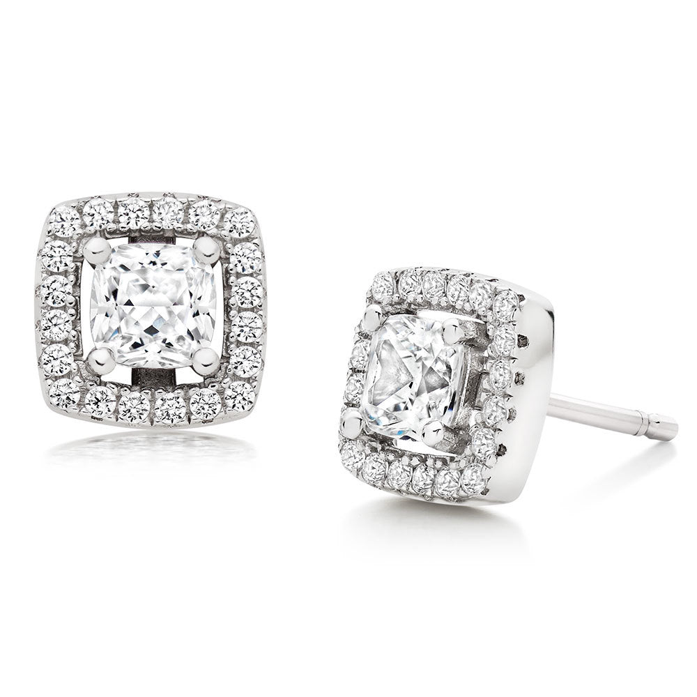 White Gold Simulated Diamond Halo Princess Cut Earrings Image 1