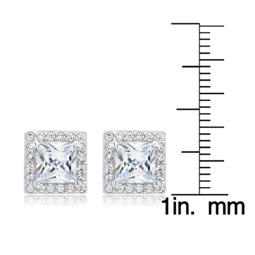 White Gold Simulated Diamond Halo Princess Cut Earrings Image 2