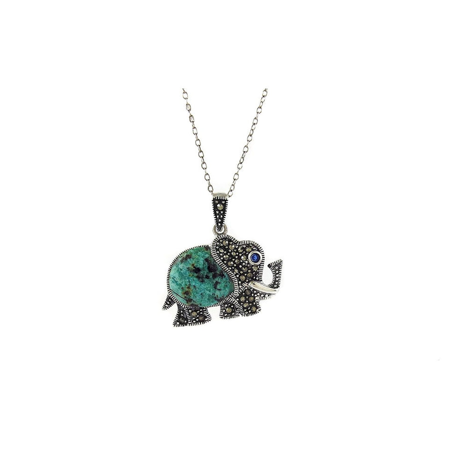 Genuine Turquoise Marcasite Sterling Silver Elephant Pendant Good Luck Charm Image 1