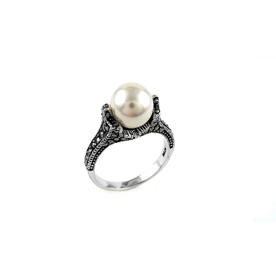 Genuine Marcasite Sterling Silver Pearl Ring Multiple Colors Sizes 6-9 Image 1