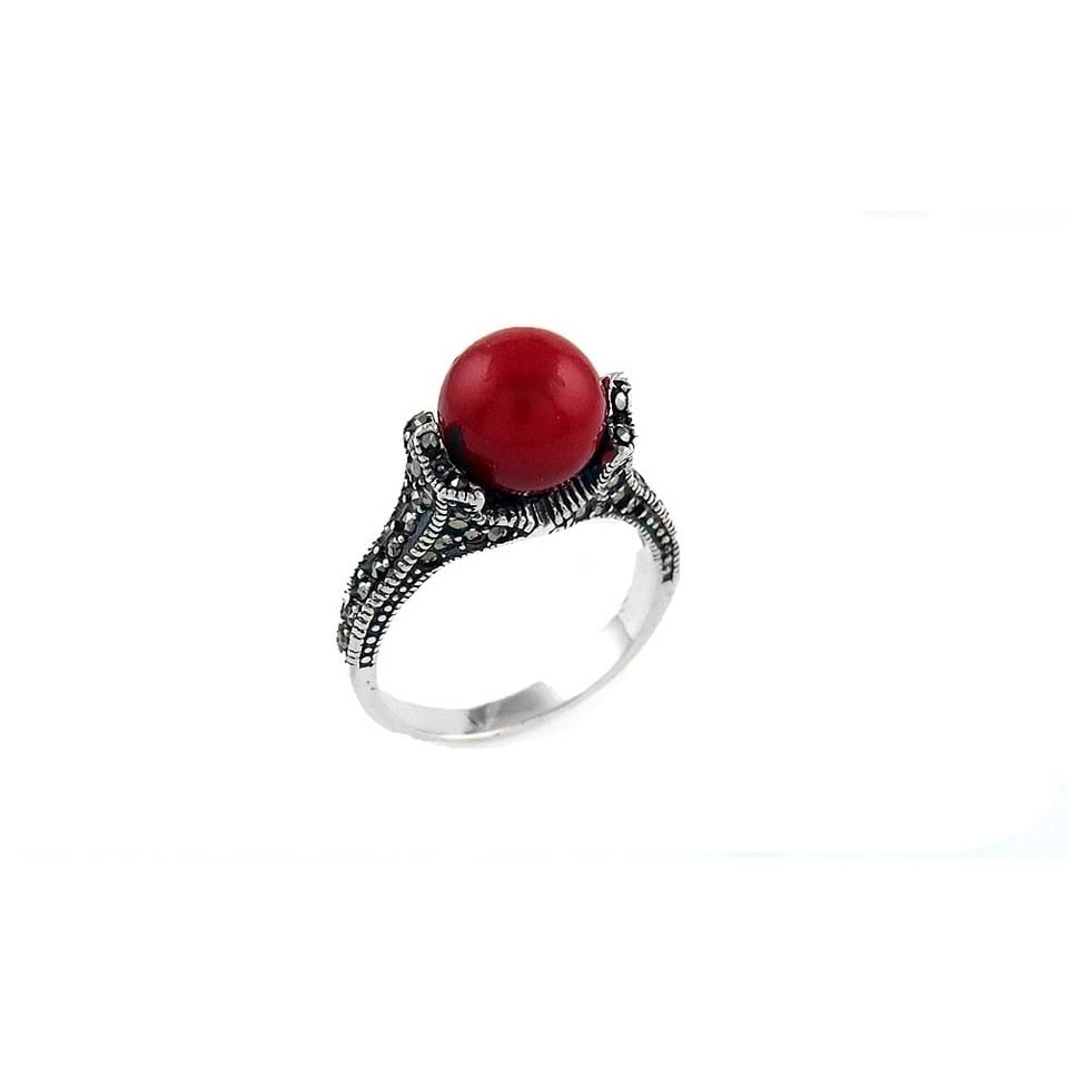 Genuine Marcasite Sterling Silver Pearl Ring Multiple Colors Sizes 6-9 Image 2