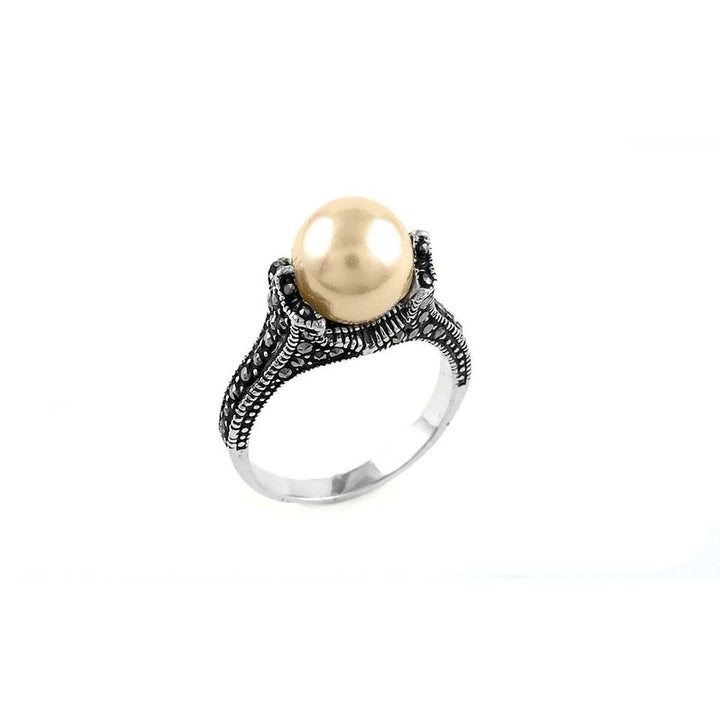 Genuine Marcasite Sterling Silver Pearl Ring Multiple Colors Sizes 6-9 Image 1