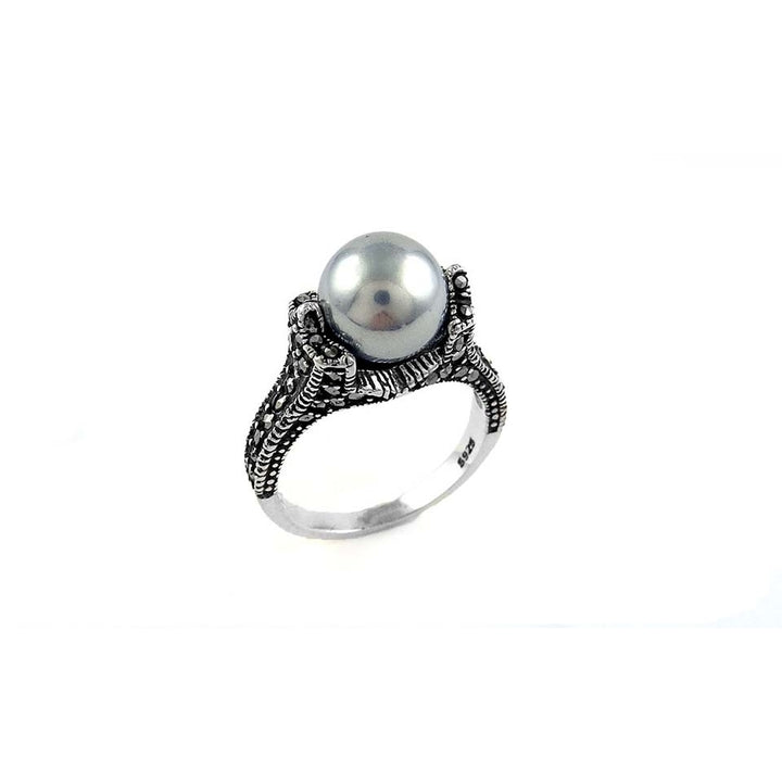 Genuine Marcasite Sterling Silver Pearl Ring Multiple Colors Sizes 6-9 Image 6