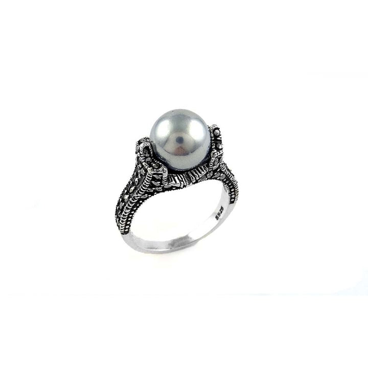 Genuine Marcasite Sterling Silver Pearl Ring Multiple Colors Sizes 6-9 Image 1