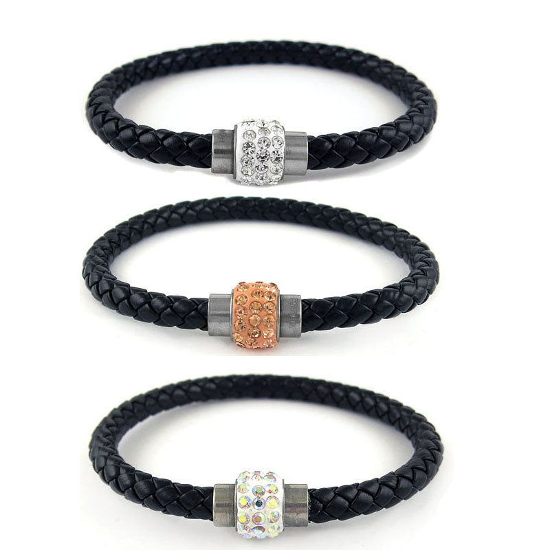 Black Genuine Leather and Swarovski Elements Crystal Magnetic Bracelet Image 1