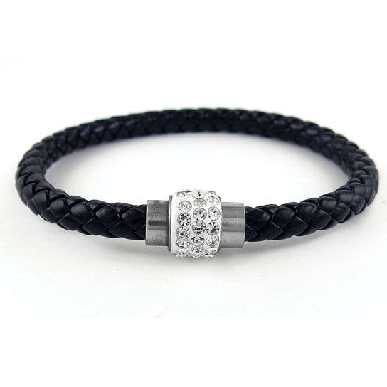 Black Genuine Leather and Swarovski Elements Crystal Magnetic Bracelet Image 2