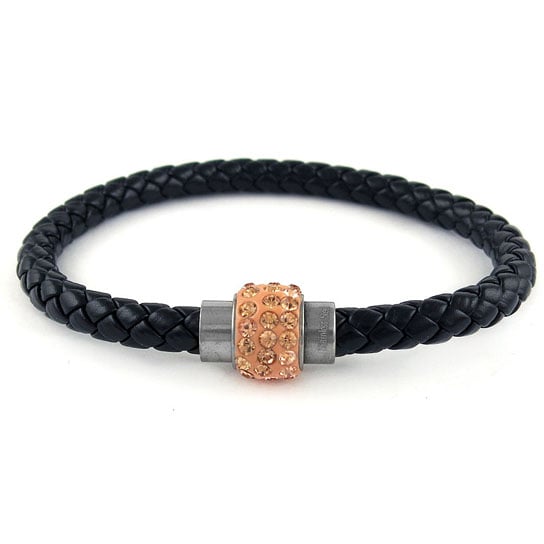 Black Genuine Leather and Swarovski Elements Crystal Magnetic Bracelet Image 4