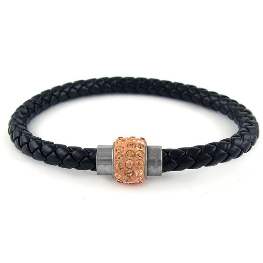 Black Genuine Leather and Swarovski Elements Crystal Magnetic Bracelet Image 1