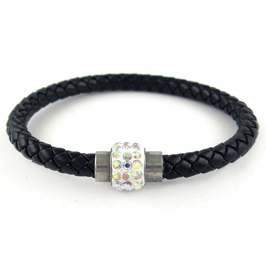 Black Genuine Leather and Swarovski Elements Crystal Magnetic Bracelet Image 3