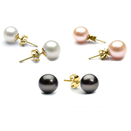 18kt Gold or White Gold Plated 8mm Pearl Studs 3 Pack White Pink Black Image 1