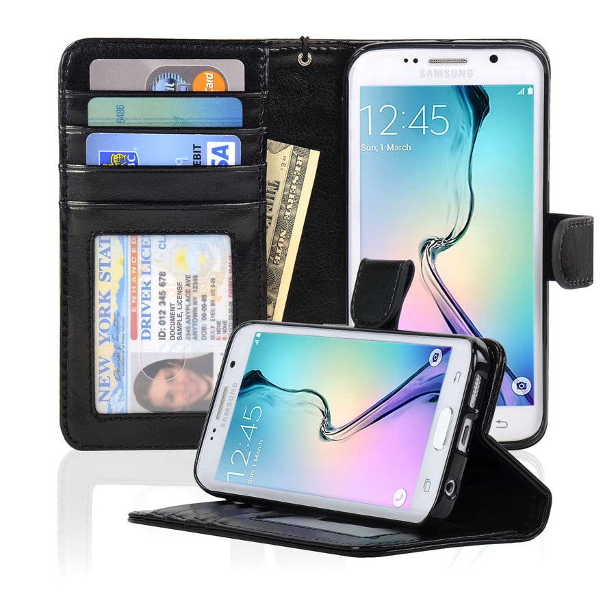 Samsung Galaxy S6 Edge Wallet Folio Case with Four Card Pockets and Money Slot Removable Strap - S6EO Image 1