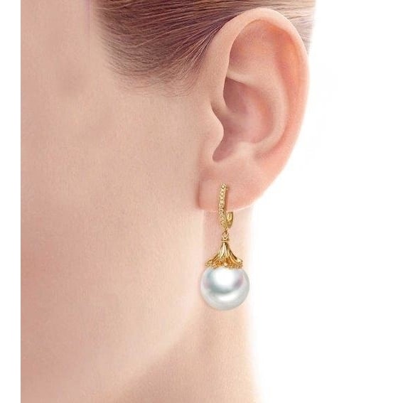 Micropave Pearl Drop Earrings 18K Gold Over Brass Shell 8mm Cubic Zirconia Image 1