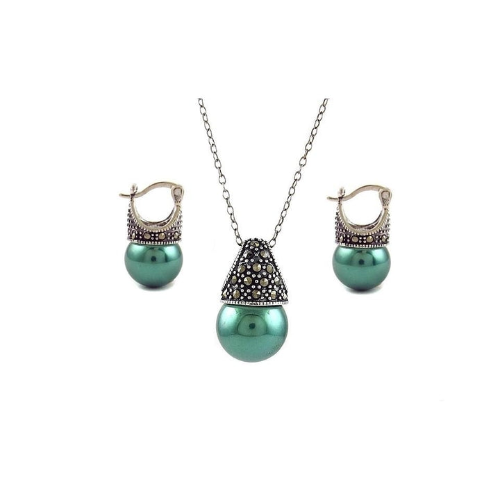 Genuine Marcasite Sterling Silver Pearl Earring Necklace Set Multiple Colors Image 6