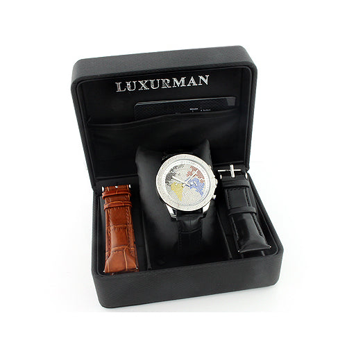 Luxurman Mens Diamond Watch 0.18ct WorldMap Image 4