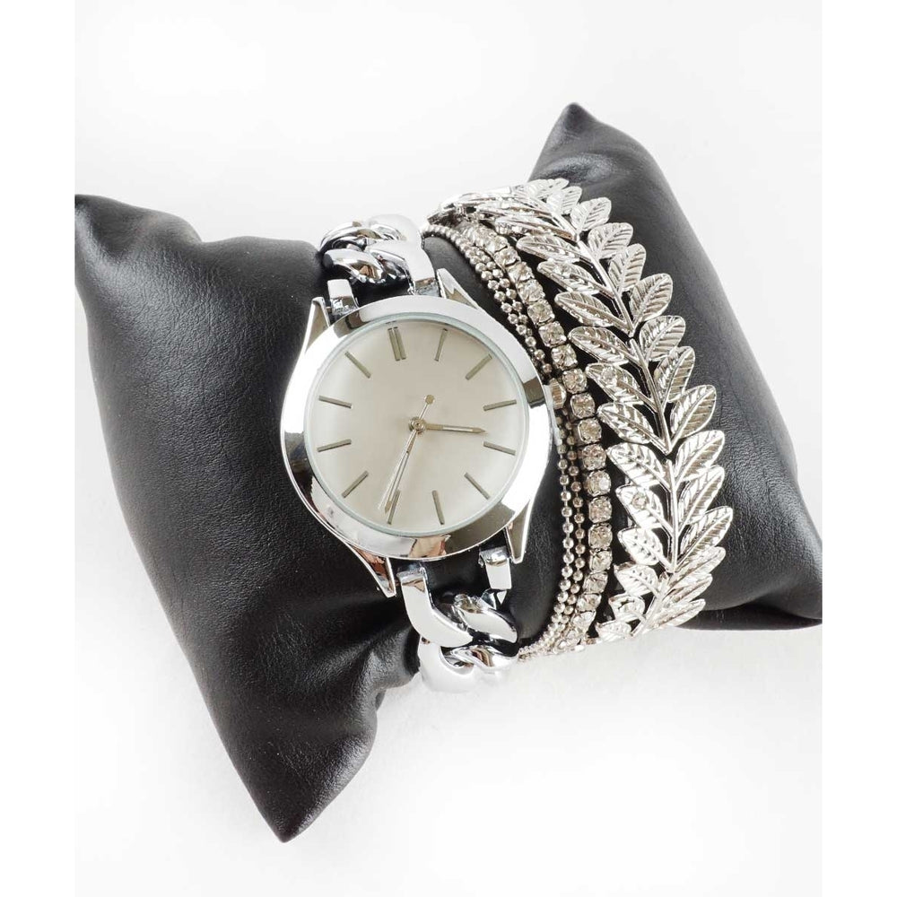 Silver Simple Minimal Watch with Matching Silver Tone Bracelets Arm Candy Watch Image 2