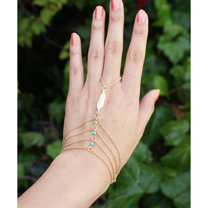 Gold Hand Chain Feather Hand Chain Gold Feather Hand Chain with Turquoise Bead Detailing Tiered Dainty Hand Chain Image 1