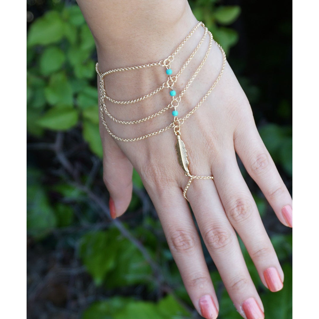 Gold Hand Chain Feather Hand Chain Gold Feather Hand Chain with Turquoise Bead Detailing Tiered Dainty Hand Chain Image 2