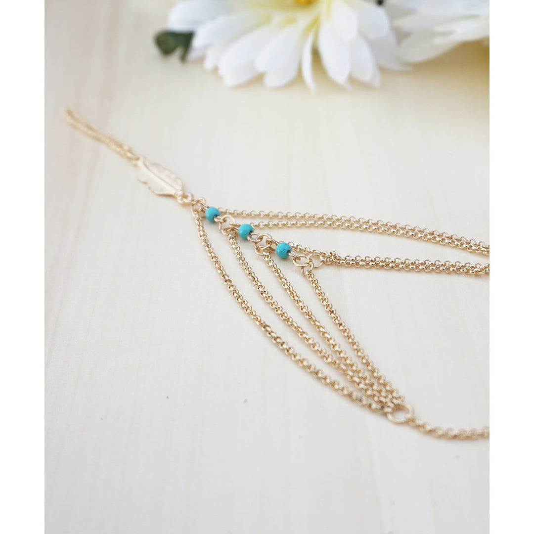 Gold Hand Chain Feather Hand Chain Gold Feather Hand Chain with Turquoise Bead Detailing Tiered Dainty Hand Chain Image 3