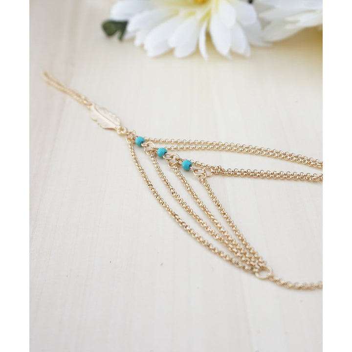 Gold Hand Chain Feather Hand Chain Gold Feather Hand Chain with Turquoise Bead Detailing Tiered Dainty Hand Chain Image 3