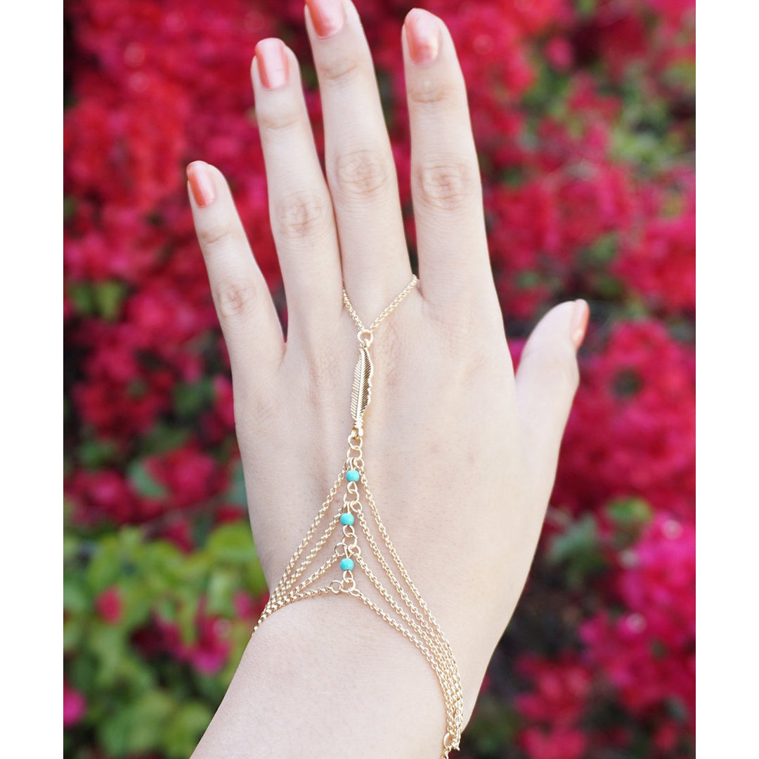 Gold Hand Chain Feather Hand Chain Gold Feather Hand Chain with Turquoise Bead Detailing Tiered Dainty Hand Chain Image 4