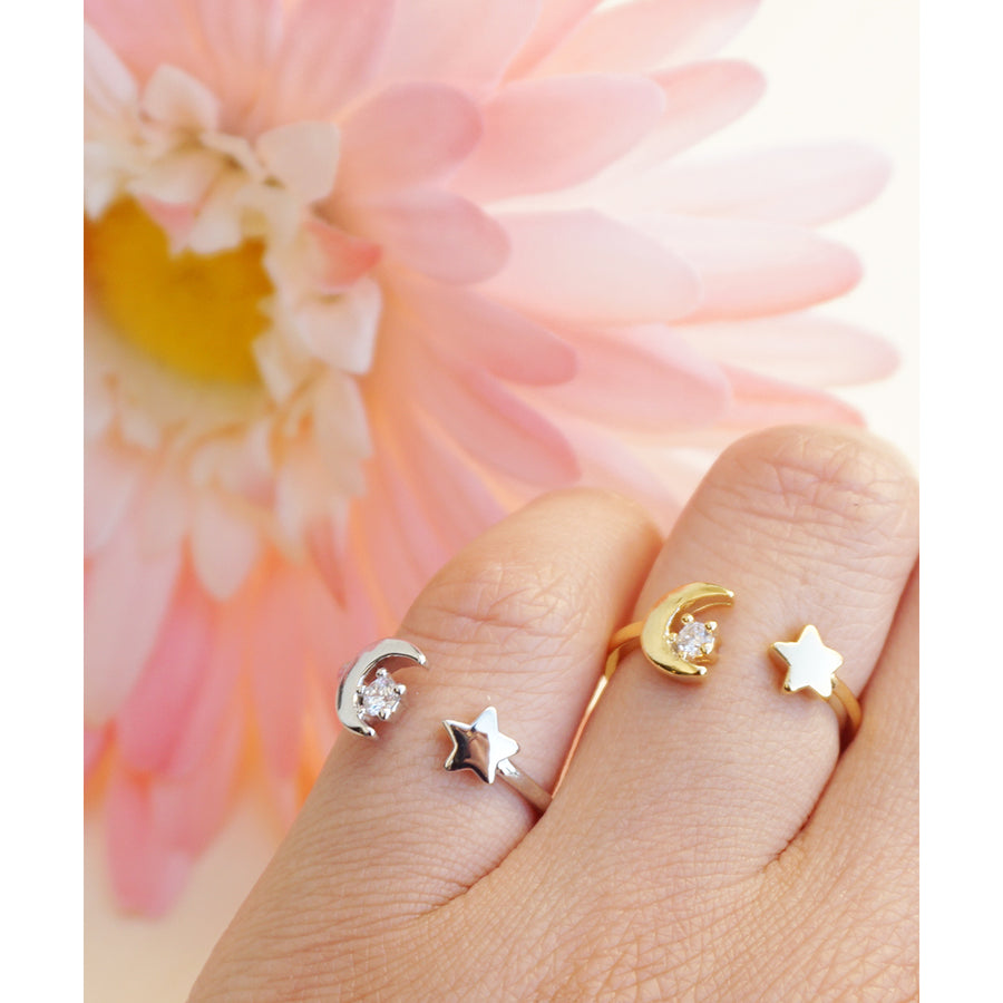 Crescent Moon and Star Duo Gold or Silver Plated Semi-Matte Open Simple Adjustable Fantasy Ring Image 1