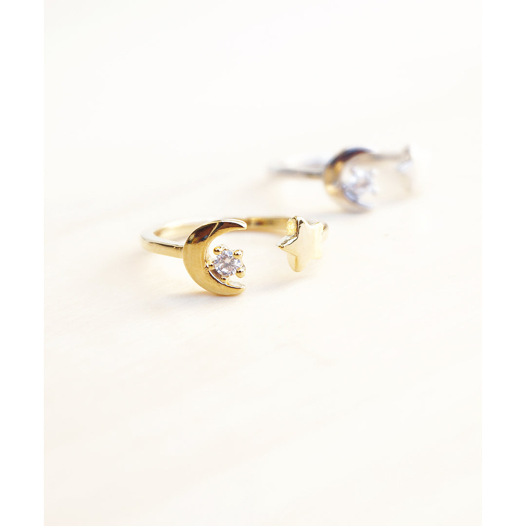 Crescent Moon and Star Duo Gold or Silver Plated Semi-Matte Open Simple Adjustable Fantasy Ring Image 2