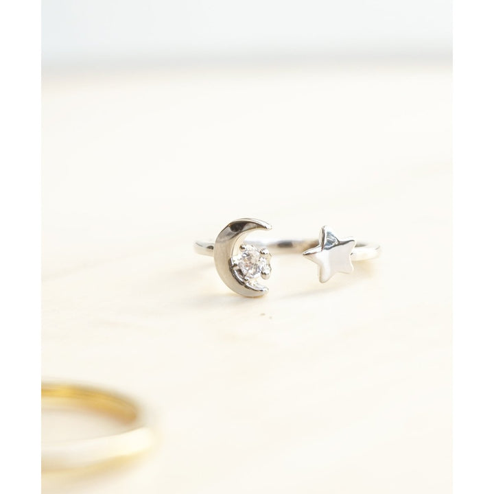 Crescent Moon and Star Duo Gold or Silver Plated Semi-Matte Open Simple Adjustable Fantasy Ring Image 1