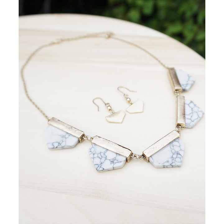 White Marble Geometric Gold Statement Necklace with Matching Earrings Image 4