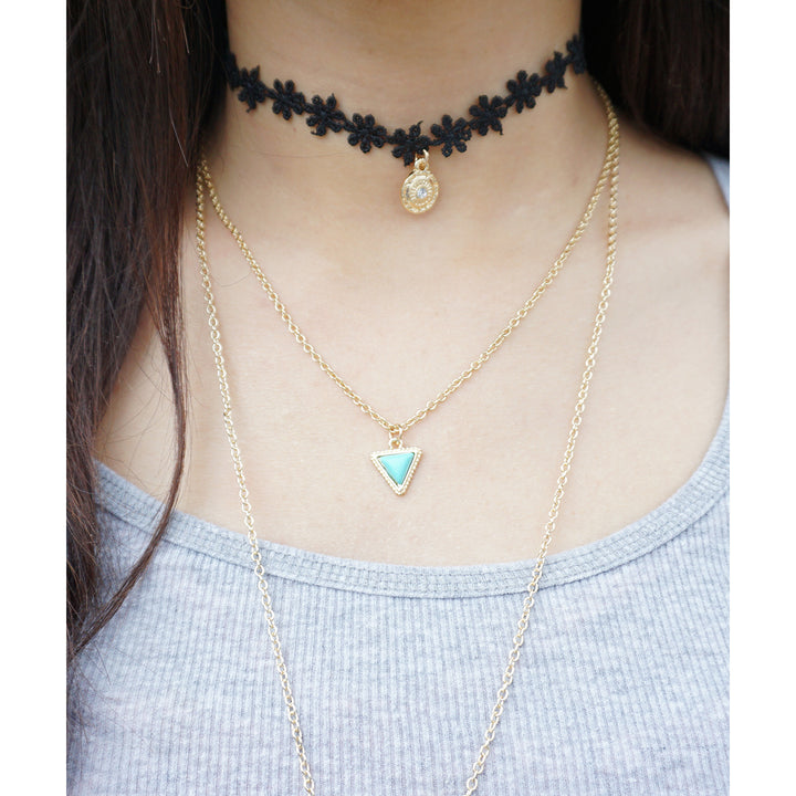 Gold Layered NecklaceGold Feather Charm NecklaceTriangle Turquoise NecklaceBlack Flower Lace Choker Image 1