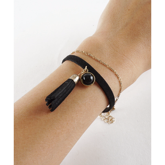 Black or Brown Suede Tassel BraceletLayering BraceletSimple Gold Chain Bracelet, Image 1