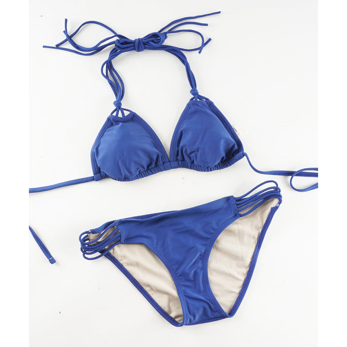 Hot Sexy Swimwear Strappy Bikini, Low Rise Cheeky Bikini Triangle Halter Top Periwinkle, Navy Blue, Taupe Two Piece Set Image 3