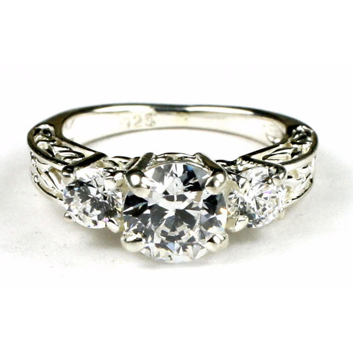 SR254 6.5mm 1 carat Cubic Zirconia w/ Two 4mm CZ Accents 925 Sterling Silver Engagement Ring Image 1