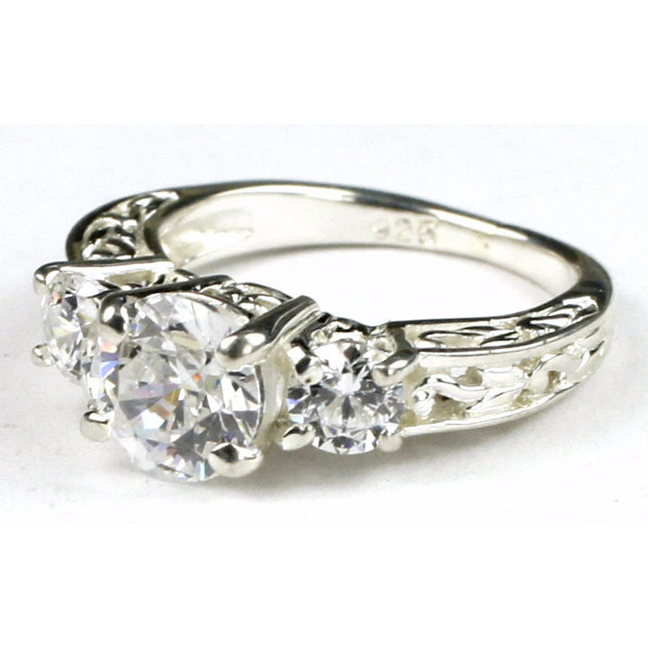 SR254 6.5mm 1 carat Cubic Zirconia w/ Two 4mm CZ Accents 925 Sterling Silver Engagement Ring Image 2