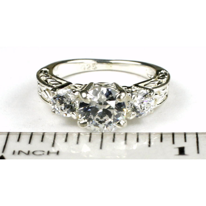 SR254 6.5mm 1 carat Cubic Zirconia w/ Two 4mm CZ Accents 925 Sterling Silver Engagement Ring Image 4