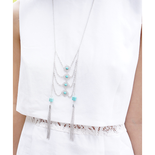 Silver Tassel NecklaceTurquoise Boho Silver Ladder NecklaceSimple Festival JewelryCoachella Necklace Image 3