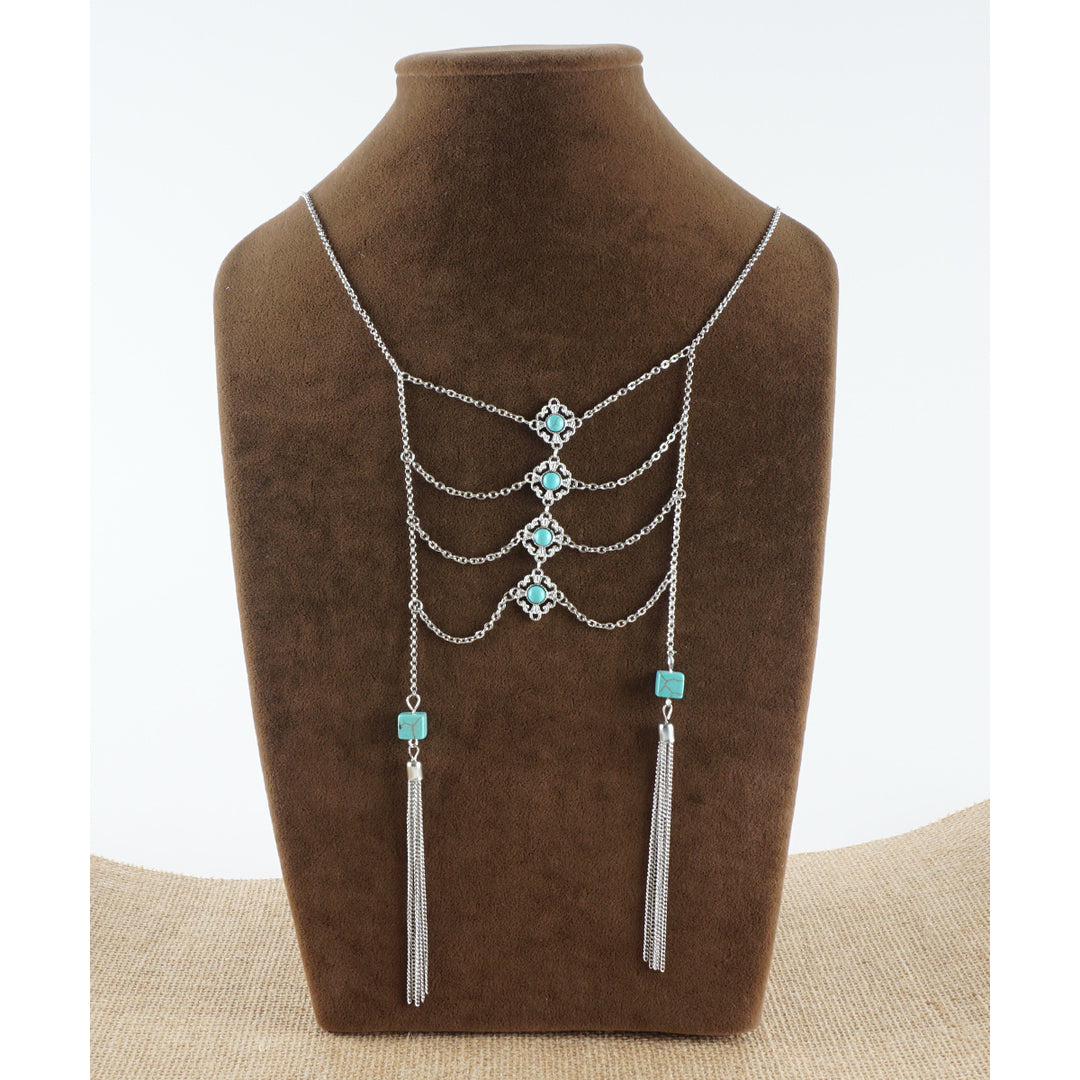 Silver Tassel NecklaceTurquoise Boho Silver Ladder NecklaceSimple Festival JewelryCoachella Necklace Image 2