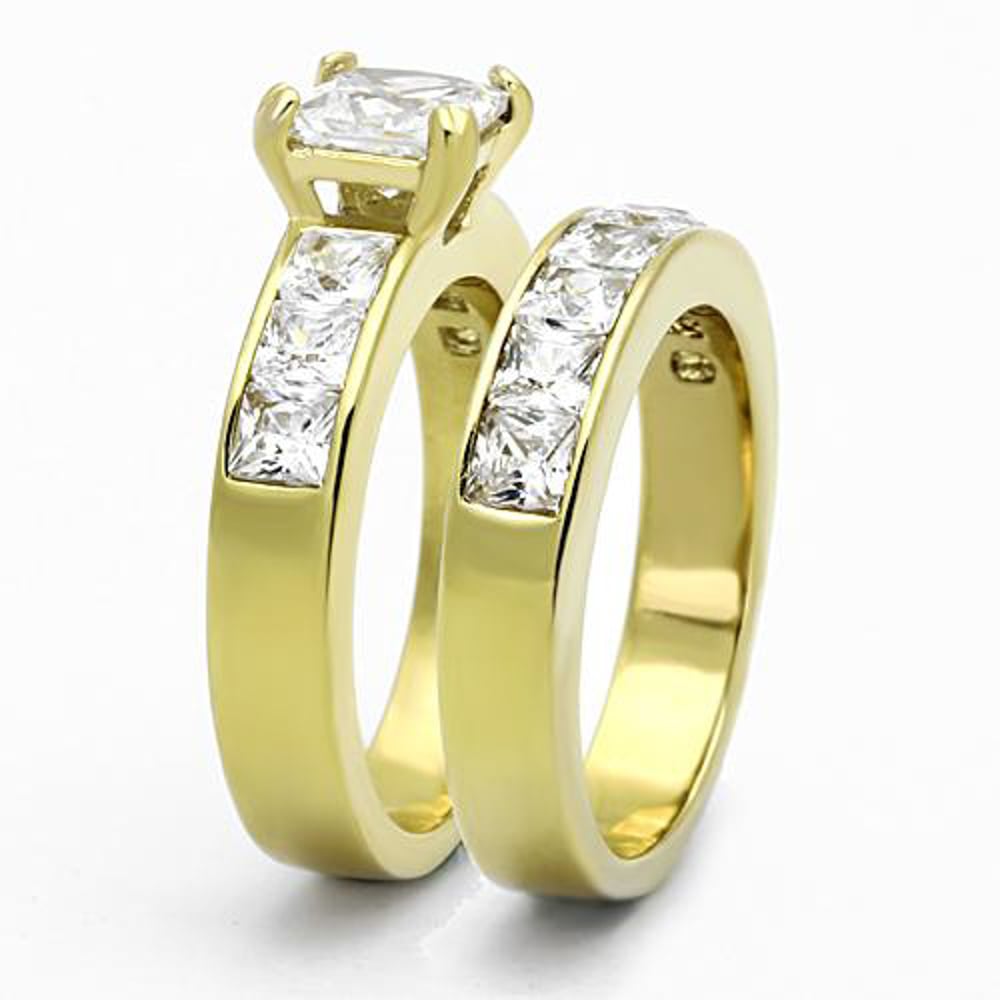 His and Her 14K G.P. Stainless Steel 3pc Wedding Engagement Ring and Mens Band Set Image 4