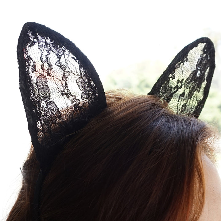 Black Lace Cat Ears Cat Ears Headband Handmade Black Lace Cat Ears Headband Halloween Cat Ears Cosplay Rave Festival Cat Image 1