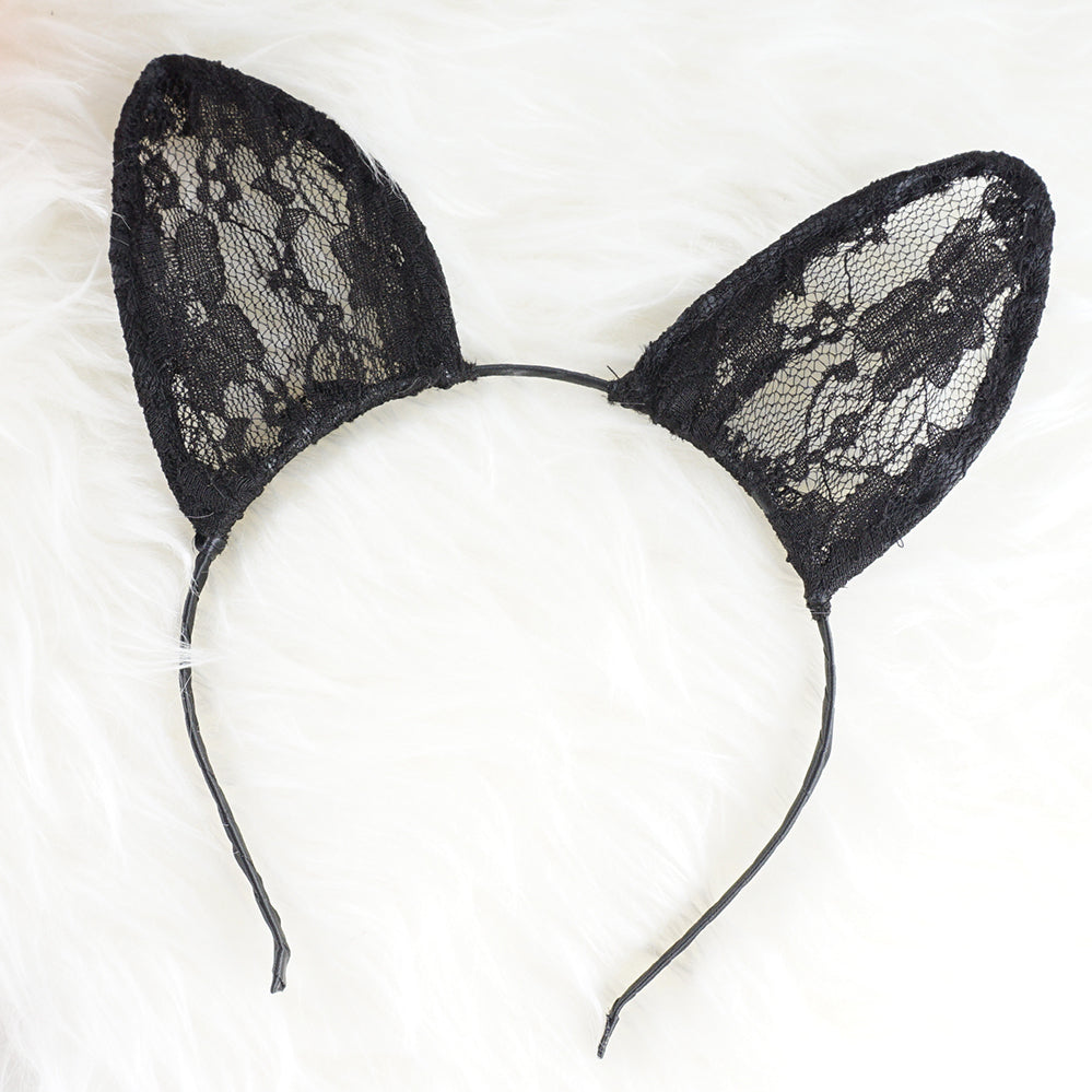 Black Lace Cat Ears Cat Ears Headband Handmade Black Lace Cat Ears Headband Halloween Cat Ears Cosplay Rave Festival Cat Image 2