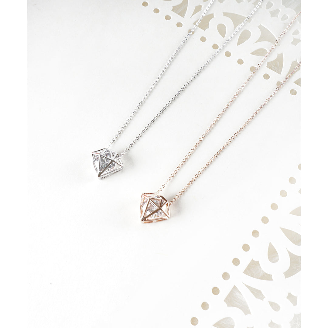 Diamond Necklace Diamond Shape Cut-Out Necklace with Sparkling Crystal Inside Rose Gold and Silver Diamond Necklace Image 1