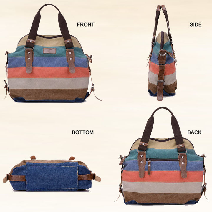 Women Rainbow Color Stripes Canvas Handbag Image 2